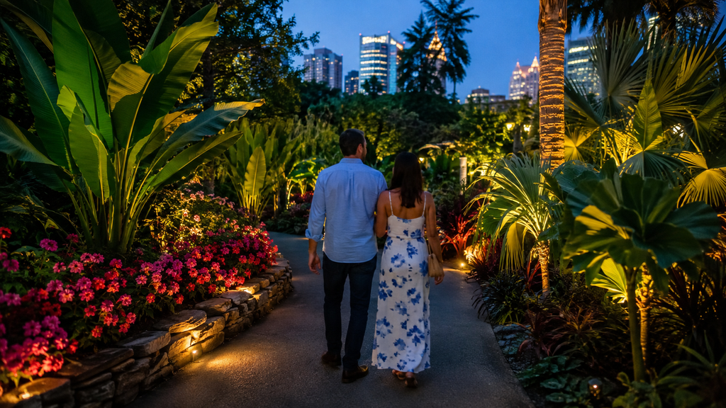 Couple walking through Atlanta Botanical Garden in the evening