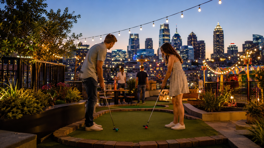 Couple enjoying rooftop mini golf with the Atlanta skyline
