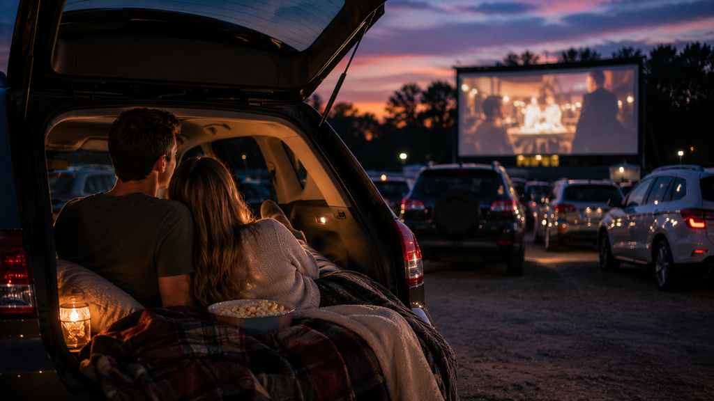 Couple watching a movie at an Atlanta drive-in theater